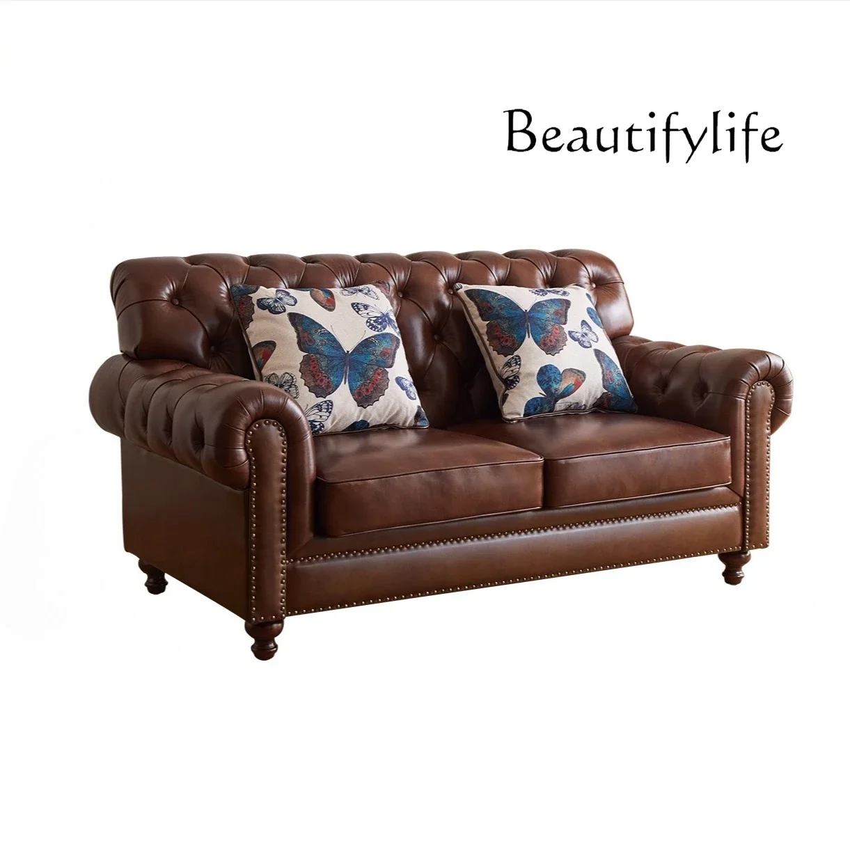 

American buckle leather sofa first layer cowhide three-person straight row sofa villa large flat floor living room retro