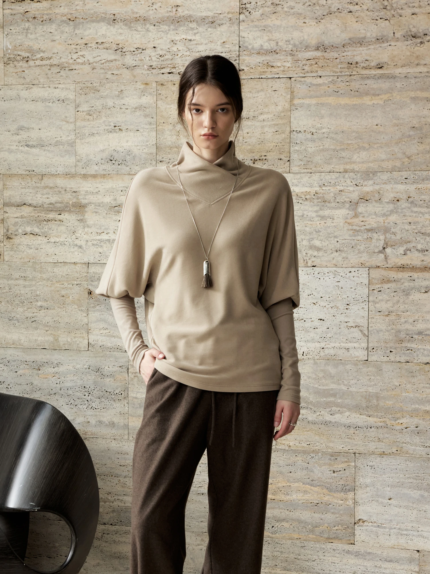 

Artist's Daily Design Knitted Top Batwing Sve f High Collar Base Layer Women's Faion Casual Loose Fit Long Sve T-S...