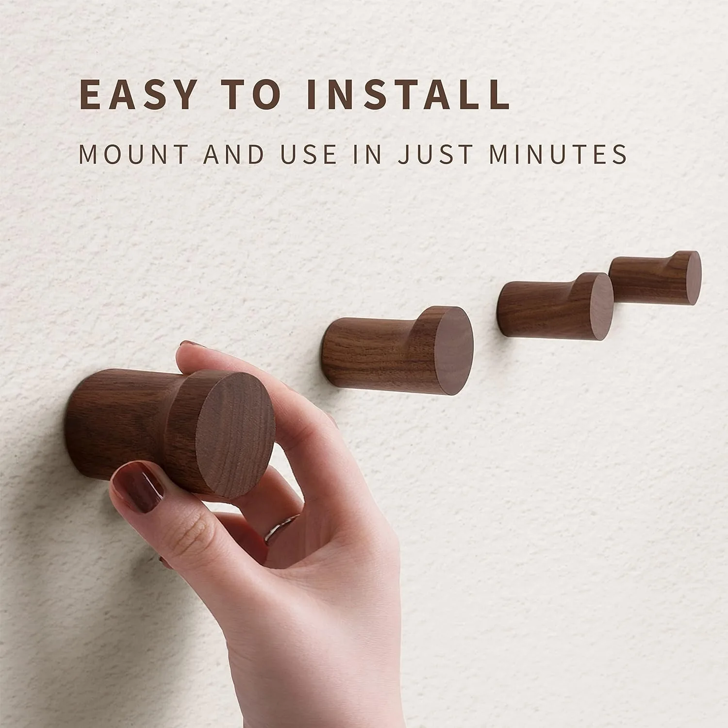 Pack of 1-6 Walnut - Non-slip Traditional Style Handmade Wall Hooks Set for Hats, Coats - Simple Multipurpose Home Decor