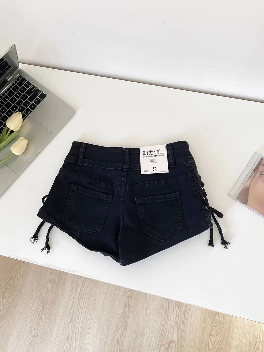 Cross Lace-up Low-rise Slim Black Denim Shorts for Women's Summer New Ropa De Mujer Jeans Y2k Shorts