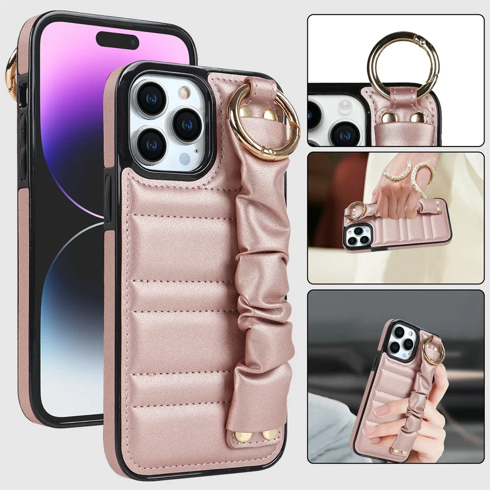 For iPhone 14 13 12 11 Pro Max XS XR X 7 8 Plus Pleated Wrist Strap Leather Material with Stand Phone Case for Women Gift