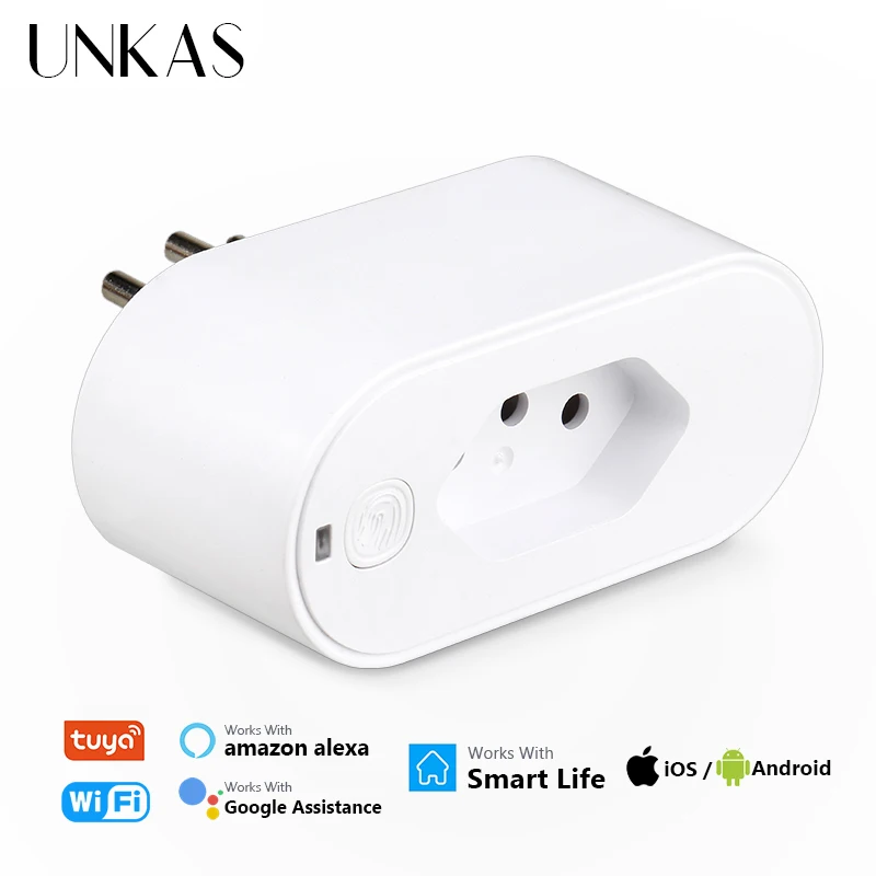 UNKAS Tuya 16A 20A Brazil Standard Wifi Smart Plug Socket Work With Google Home Alexa With Power Monitor APP Remote Control