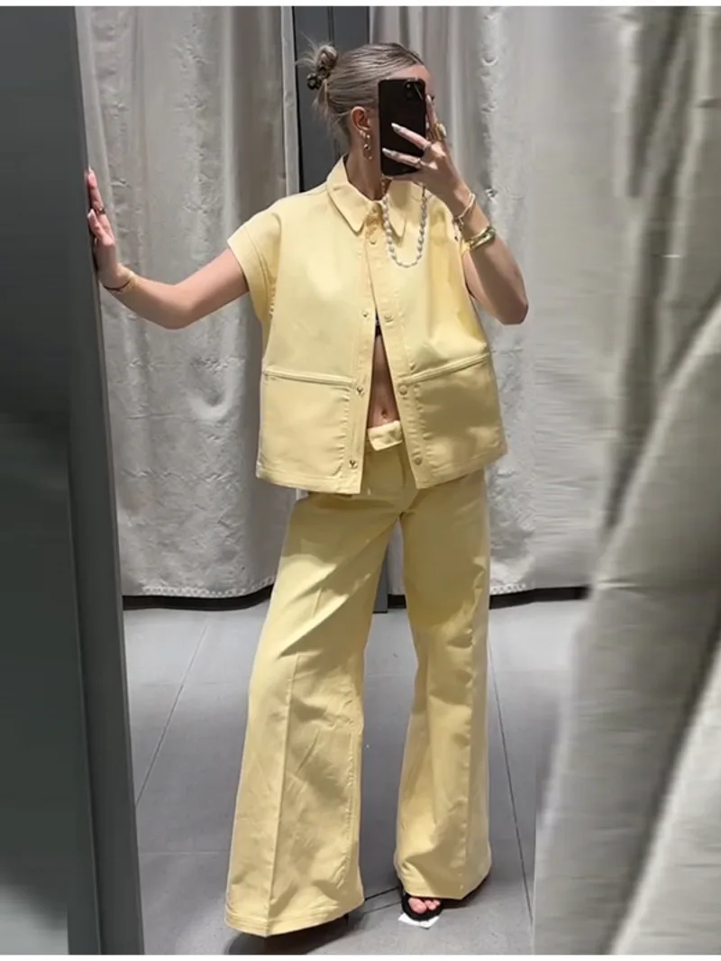 

Street Fashion Vest Pants Sets Women Lapel Short Sleeve Single-breasted Waistcoat Wide Leg Trousers 2025 Summer Casual MP8Q
