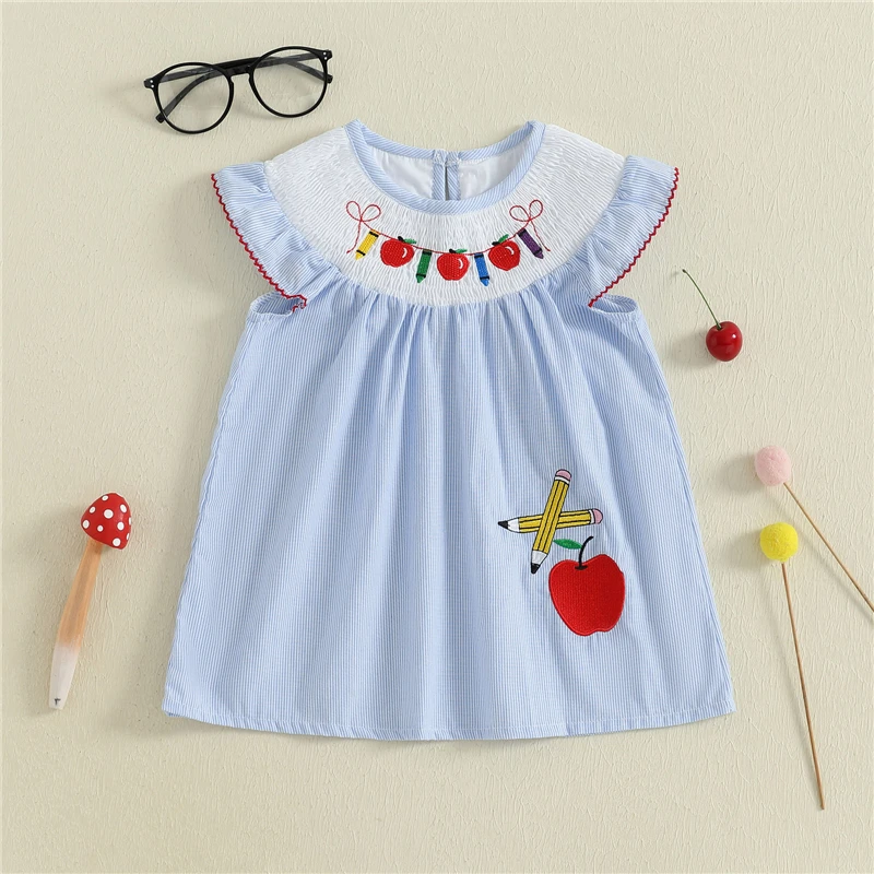 

Toddler Girl Back to School Dress Striped Apple Pencil Embroidered Flying Sleeve A-line Dress Casual Summer Clothes