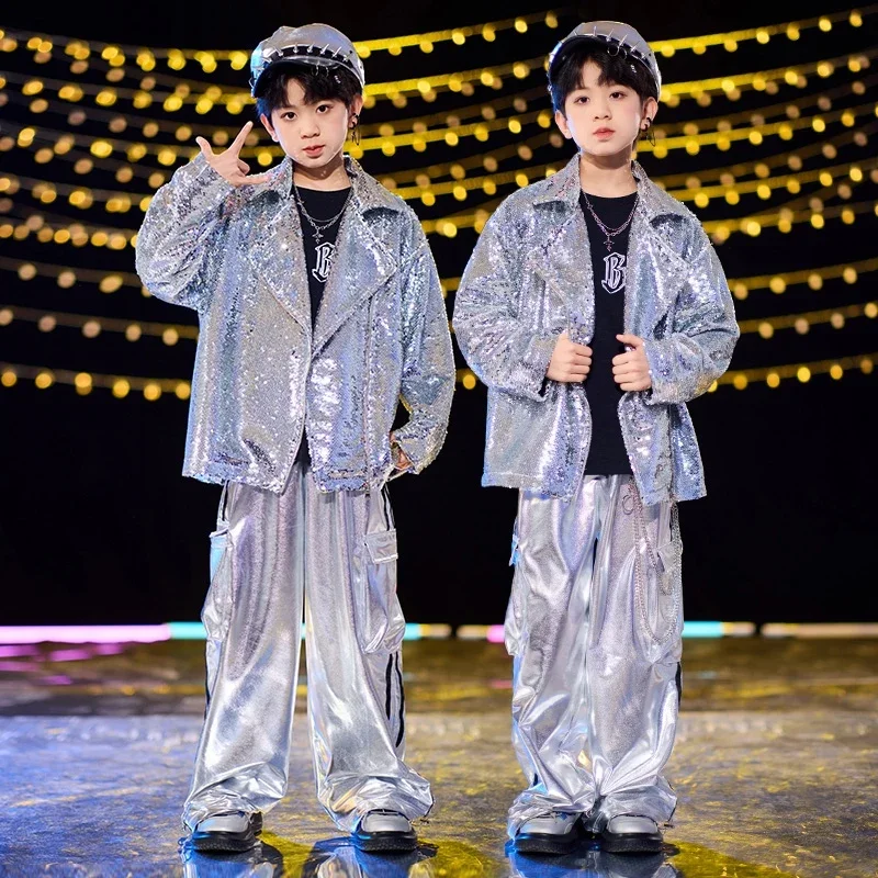 

2025 Boys Hip Hop Dance Suit Shining Silvery Coat Leather Pants Set Street Dance Costumes Child Jazz Club Stage Clothes XH2121
