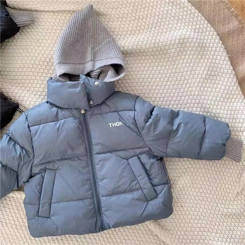 2024 nuovo inverno bambino bambino ragazzo stile coreano lavorato a maglia Patchwork giacca con cappuccio cappotto addensare abbigliamento Outdoor