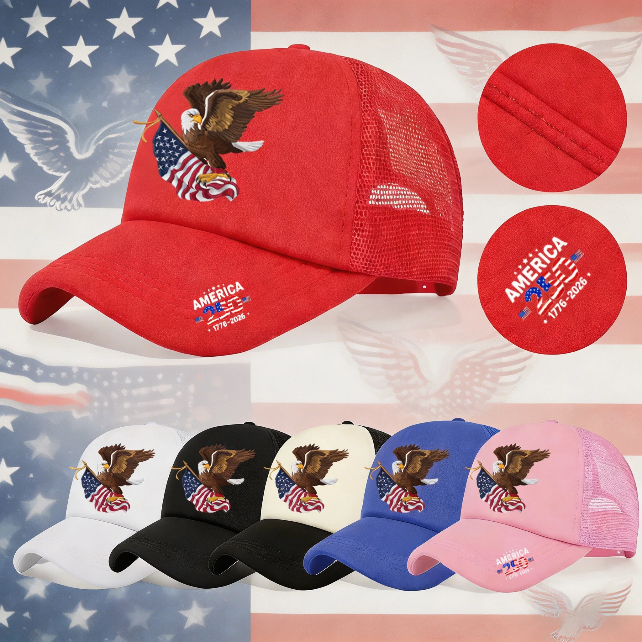 1PC Mesh Trucker Hat, Breathable, 250th America Eagle Flag P