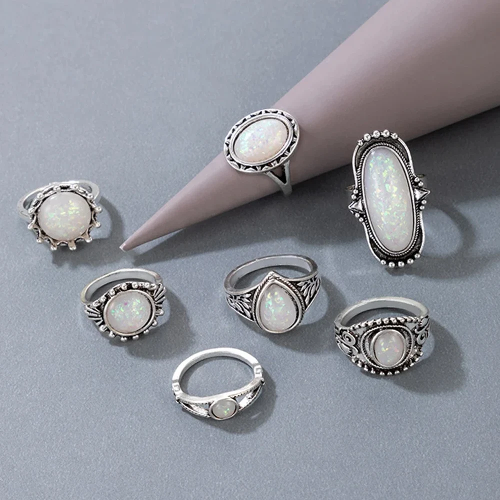 Vintage Rings Silver Color Carved Stone Bohemian Jewels For wmen and men ring set image 5