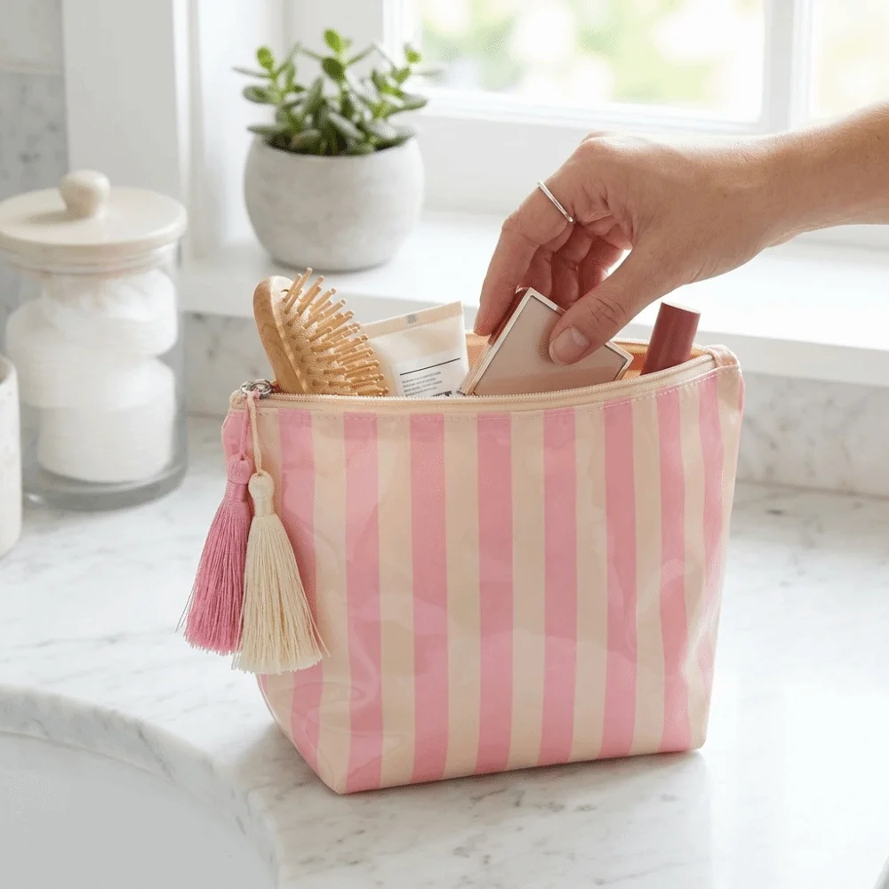 Portable Fringed Travel Toiletry Bag Cute Design Zipper Closure PVC Striped Cosmetic Bag Large Capacity Glossy Makeup Brush Bag
