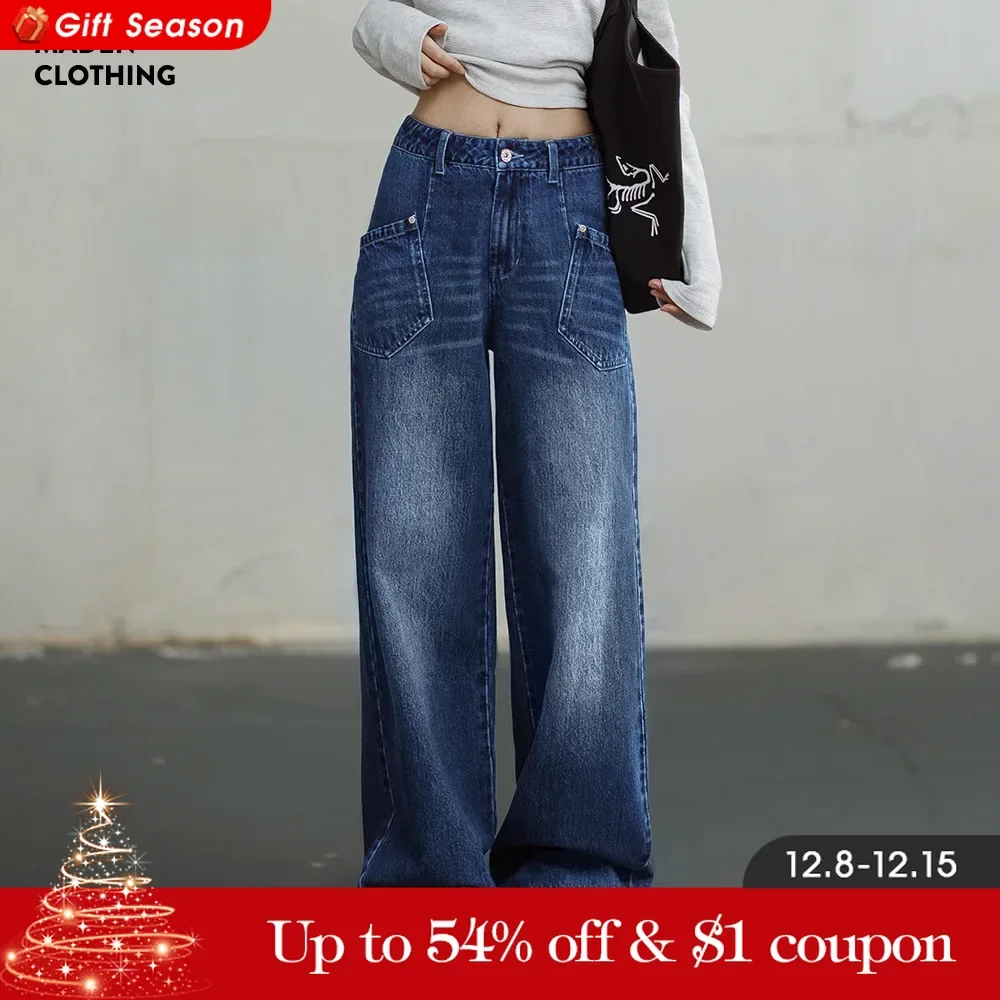 Maden Wide-Leg Jeans for Women 11.8OZ Washed Denim Multipocket Straight Pants Mid-waist Cotton Denim Jeans Streetwear Autumn