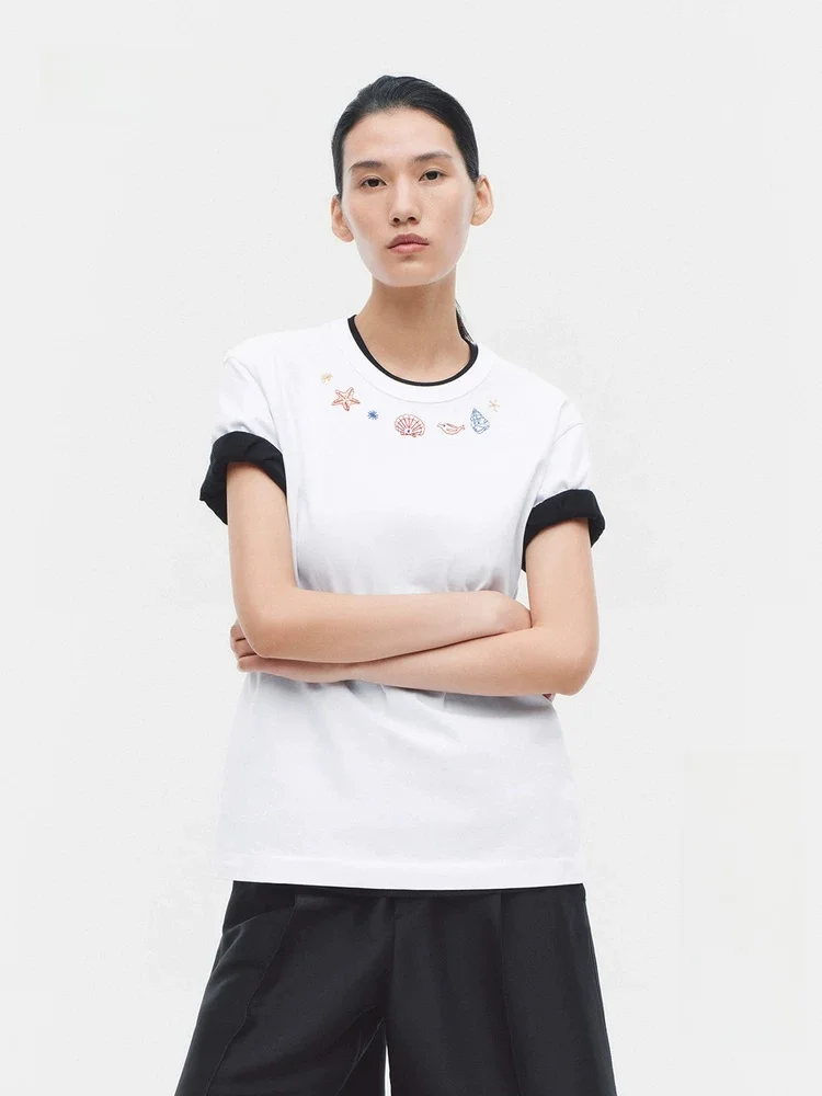 

EditionT Women's Summer 2026 New Ocean Element Embroidered Short Sleeve T-Shirt Simple Style Cotton Casual Top