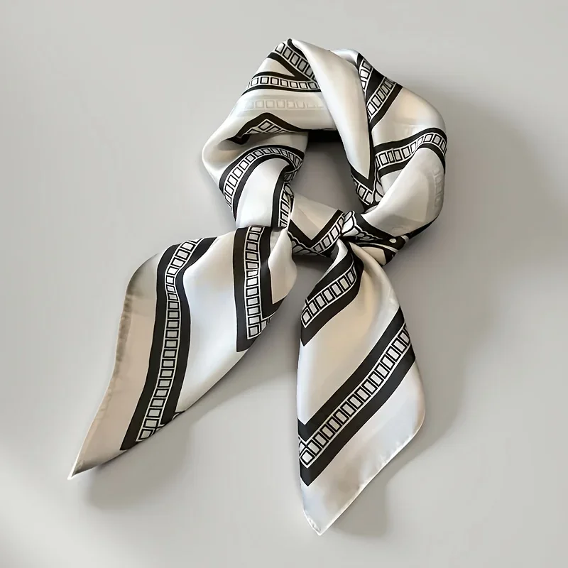 A 100% Silk Women'S Elegant Bohemian Style Multifunctional Square Scarf - Featuring a Chic Black And White Geometric Vintage - Detail 1