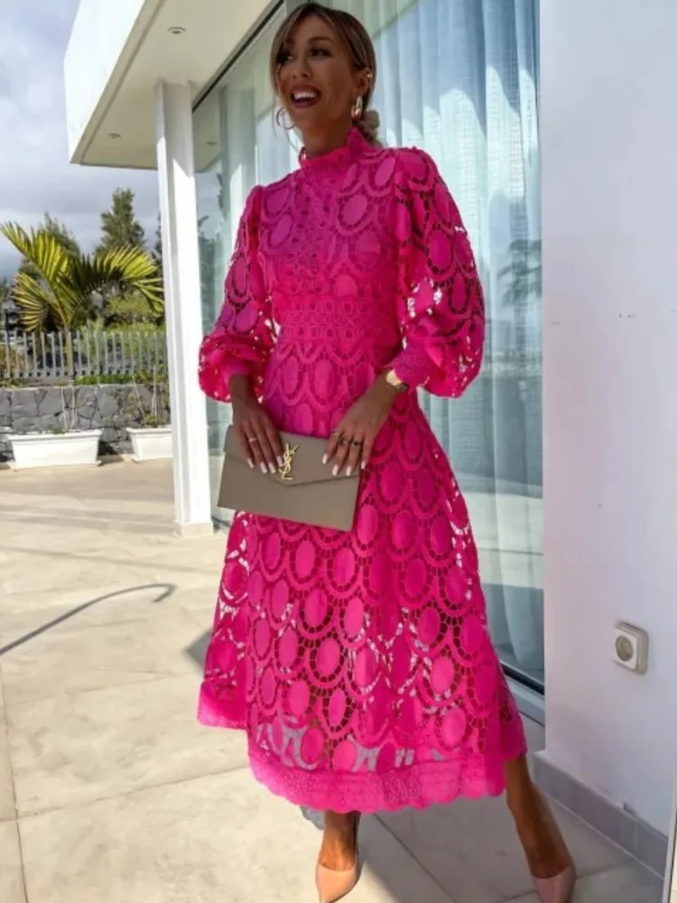 

Elegant Hollow Out Women's Long Dresses Lantern Sleeves Hollow Lace Dress Spring Summer Casual Beach Holiday Female Solid Robe