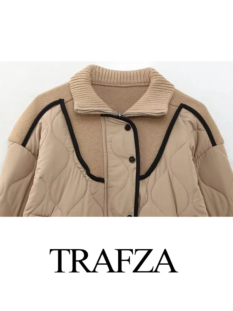 TRAFZA Women New Fashion Splicing Cotton Coat Winter Woman Buttons Zipper Pocket Decorate Sewing Jacket Warm Thick Overcoat