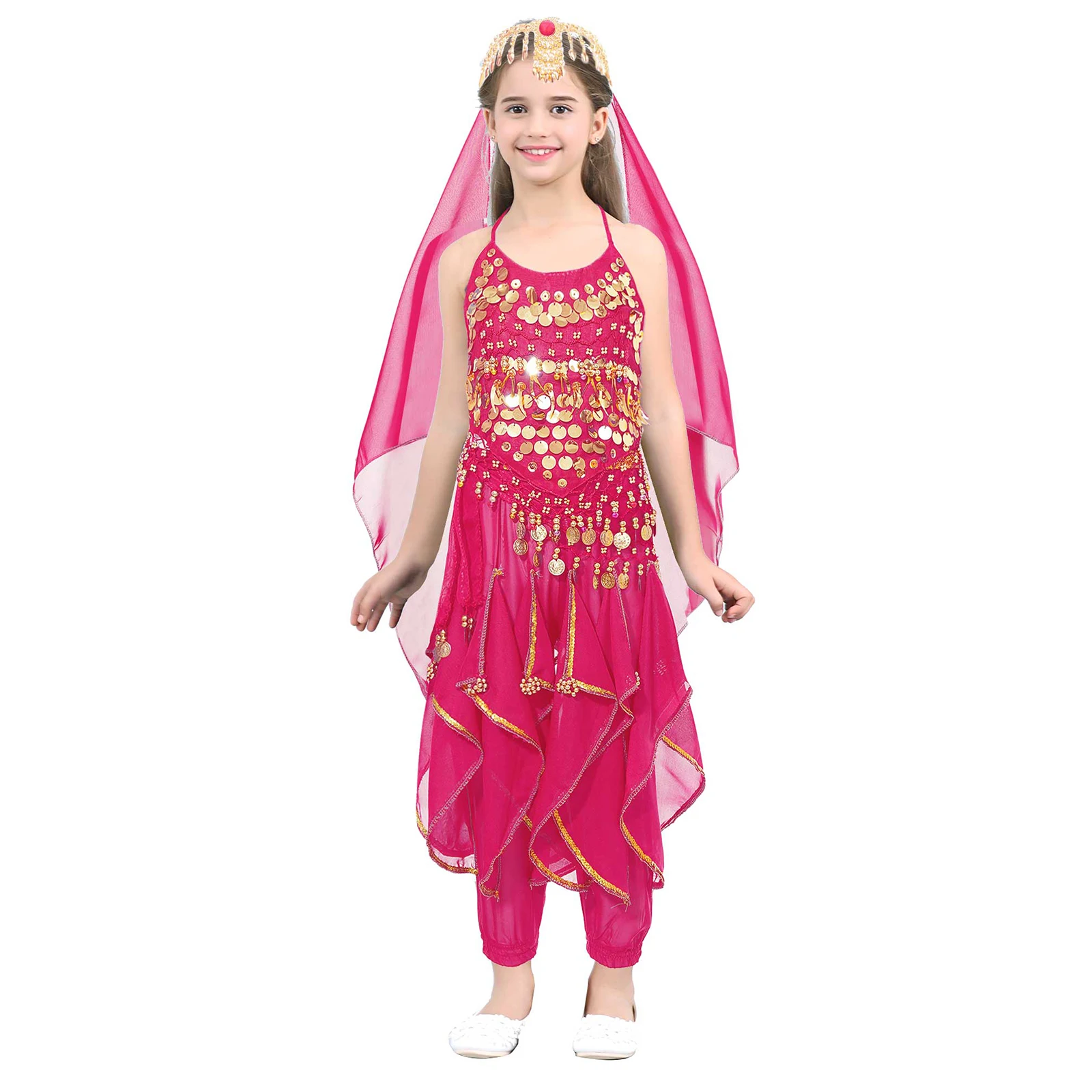 Kinder Mädchen indische Tanz kostüme Prinzessin Dance wear Pailletten Bauchtanz tragen Karneval Party Chiffon Crop Top Hosen Hüfttuch