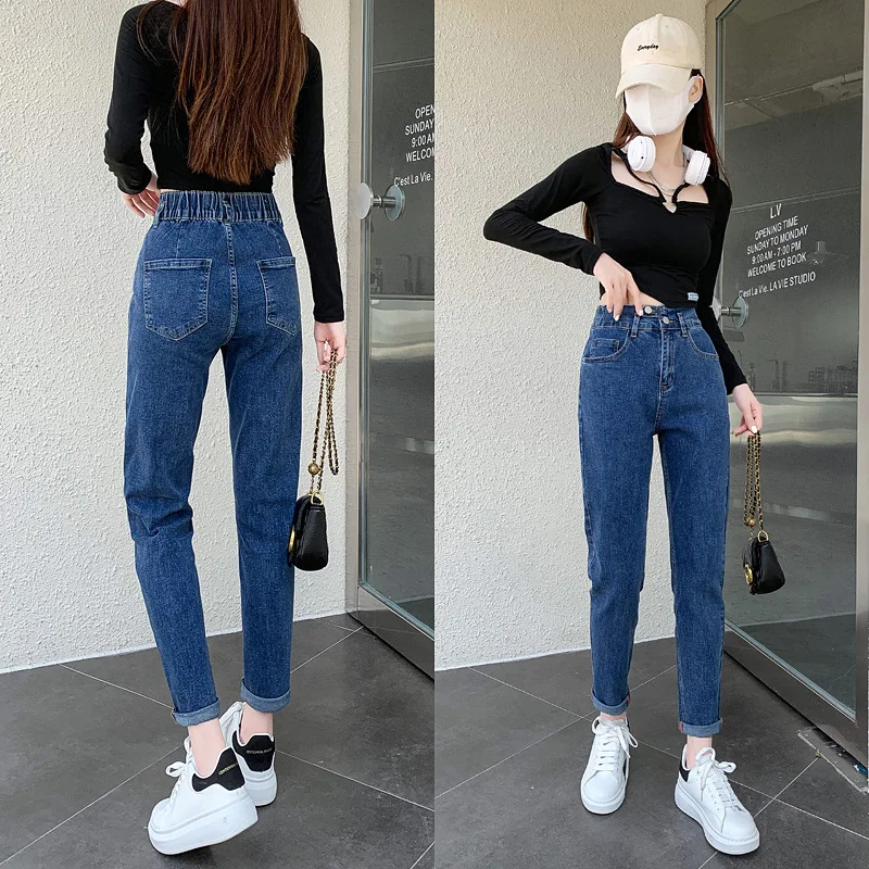 Double Buckle High-waisted Stretch Jeans, Women's Spring and Fall Fashion Straight-leg Haren Pants, Casual Elastic-waisted Jeans