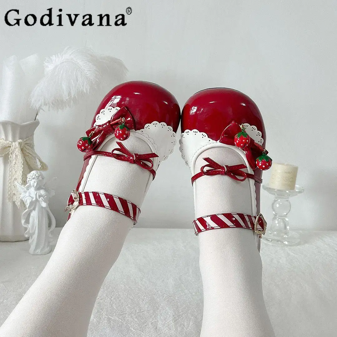 

Lolita Round Head Shoes Strawberry Female Japanese Cute Girl Low Heel Sweet Mary Jane Jk Small Leather Shoe