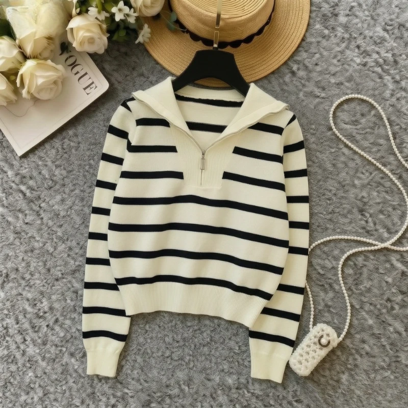 Women Half Zip Collar Striped Knit Pullover Sweater Elastic Long Sleeve Cropped Loose Fit Casual Ladies Fashion Knit Top Outfit