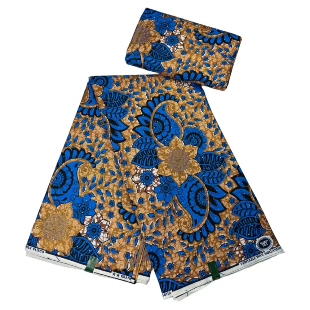 

Африканский восковой хлопок с золотым принтом и камнями, 100% хлопок, ткань из Ганы, 6 ярдов, для шитья платьев, рукоделия, DIY, восковой блок