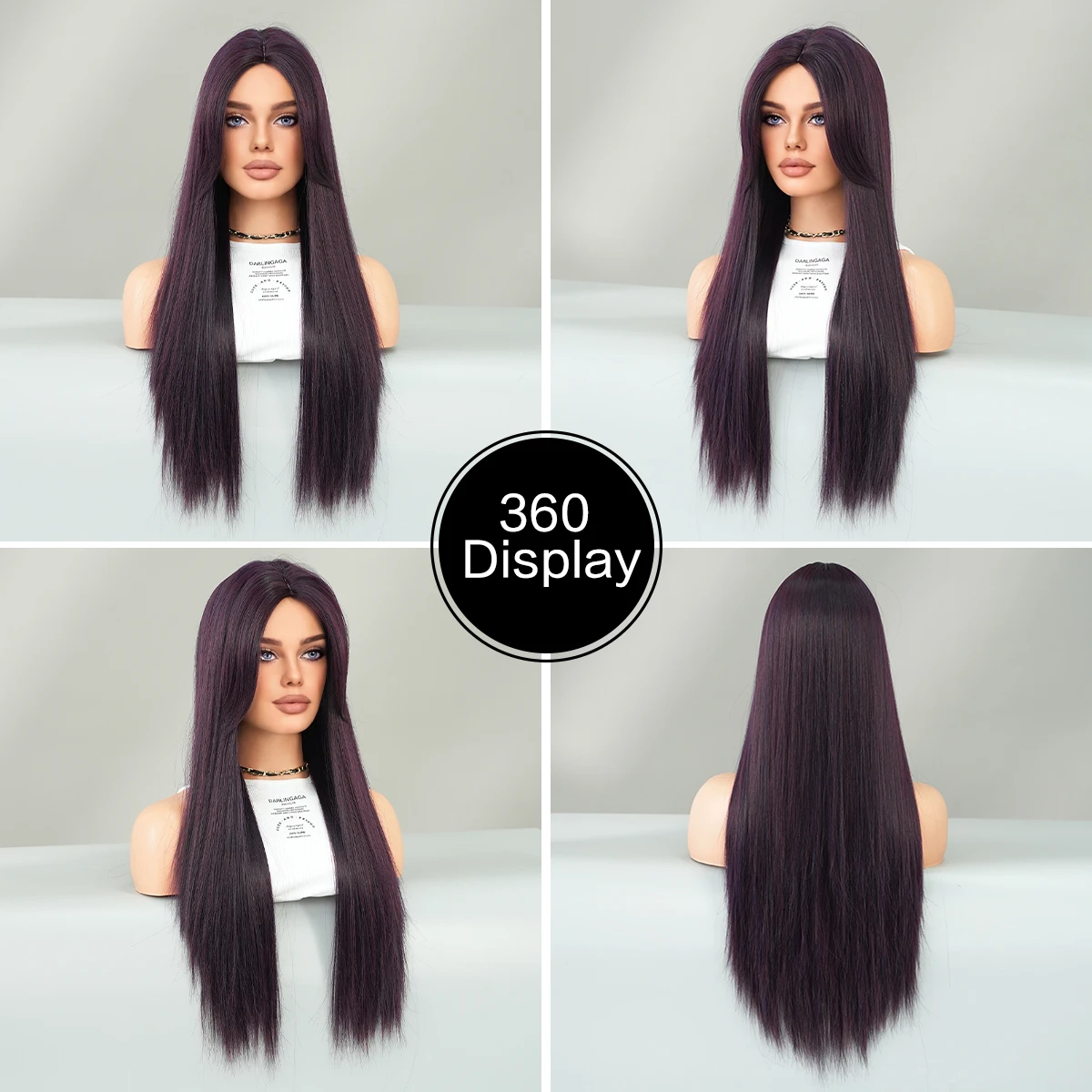 7JHH WIGS Brunette Wig Long Straight Middle Part Dark Purple Wig for Women Daily High Density Synthetic Heat Resistant Hair Wig