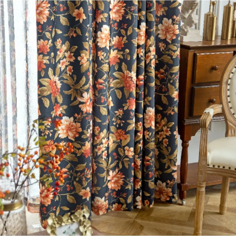 American Light Luxury Pastoral Large Floral Cotton and Linen Printed Blackout Curtains Living Room Bedroom Balcony Curtains