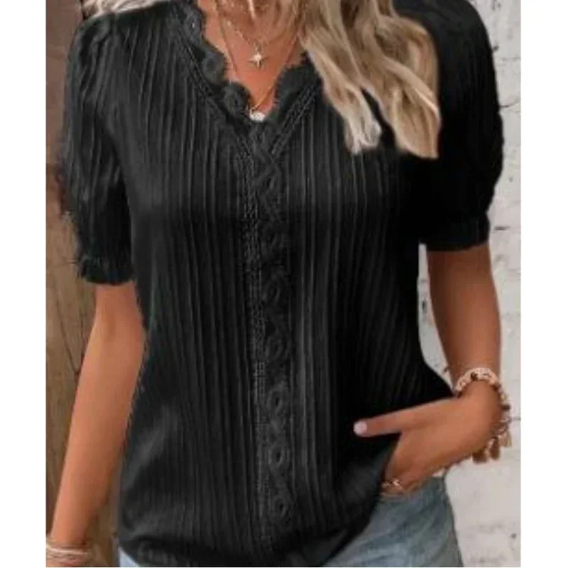 

Elegant Blouse Solid Shirt Lace 2023 Summer Fashion Hollow Short Sleeve Pullover Top Office Lady Shirt S-5XL