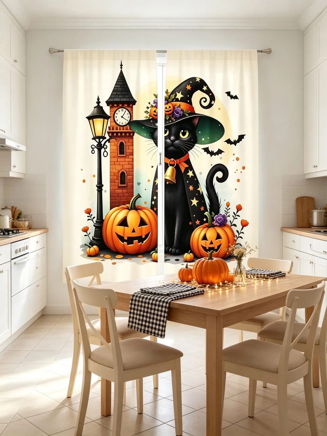 2PCS Digital Print Curtain, Clock Tower Black Cat Halloween, Gothic Spooky Vintage for Living Room Bedroom Kitchen Decor