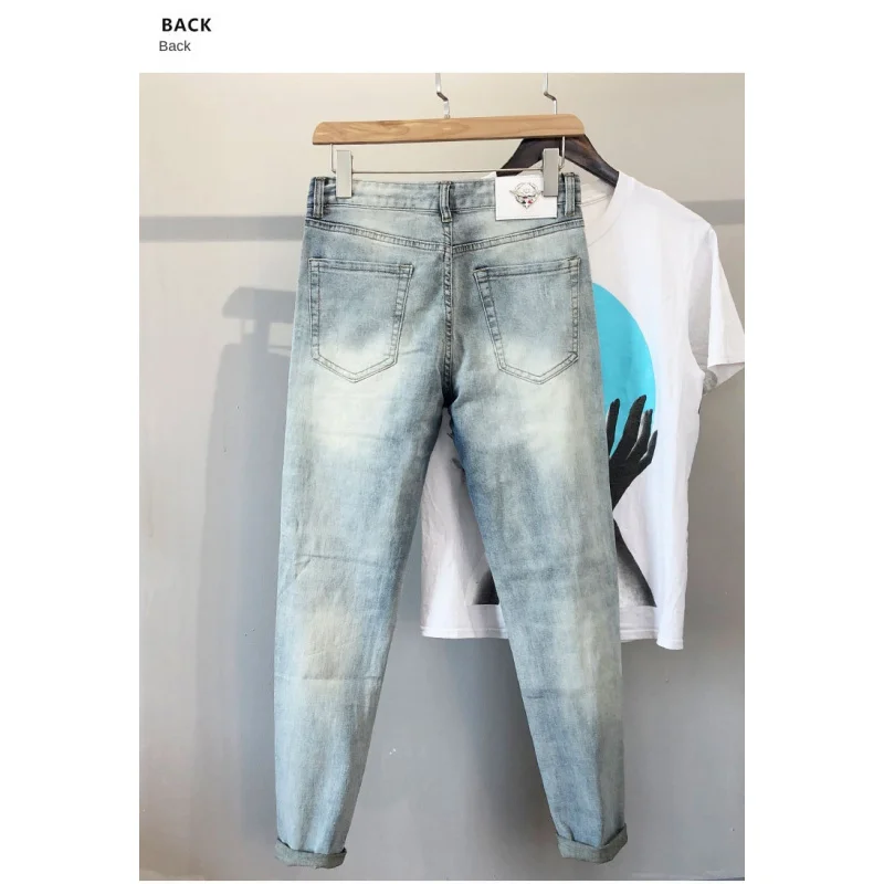 

2025 новые джинсы, мужские летние тонкие модные брендовые светло-голубые утягивающие брюки с отверстиями и бриллиантами