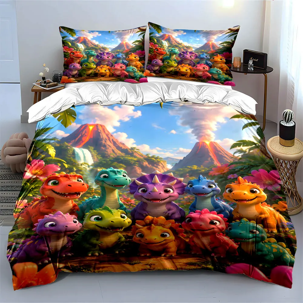 Cute dinos in volcano land Print Bedding set 3PC 1 duvet cover 2 pillowcases adult and children bedding set Luxury