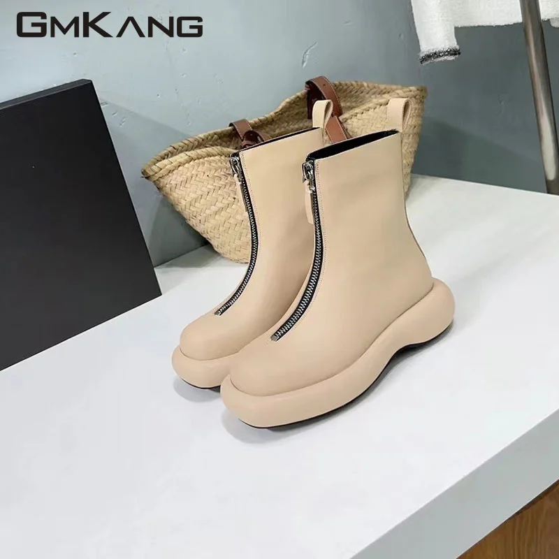 Autumn Winter Thick Sole Knight Boots Women Front Zipper Real Leather Ankle Boots Luxury Quality Motorcycle Boots Female Botas