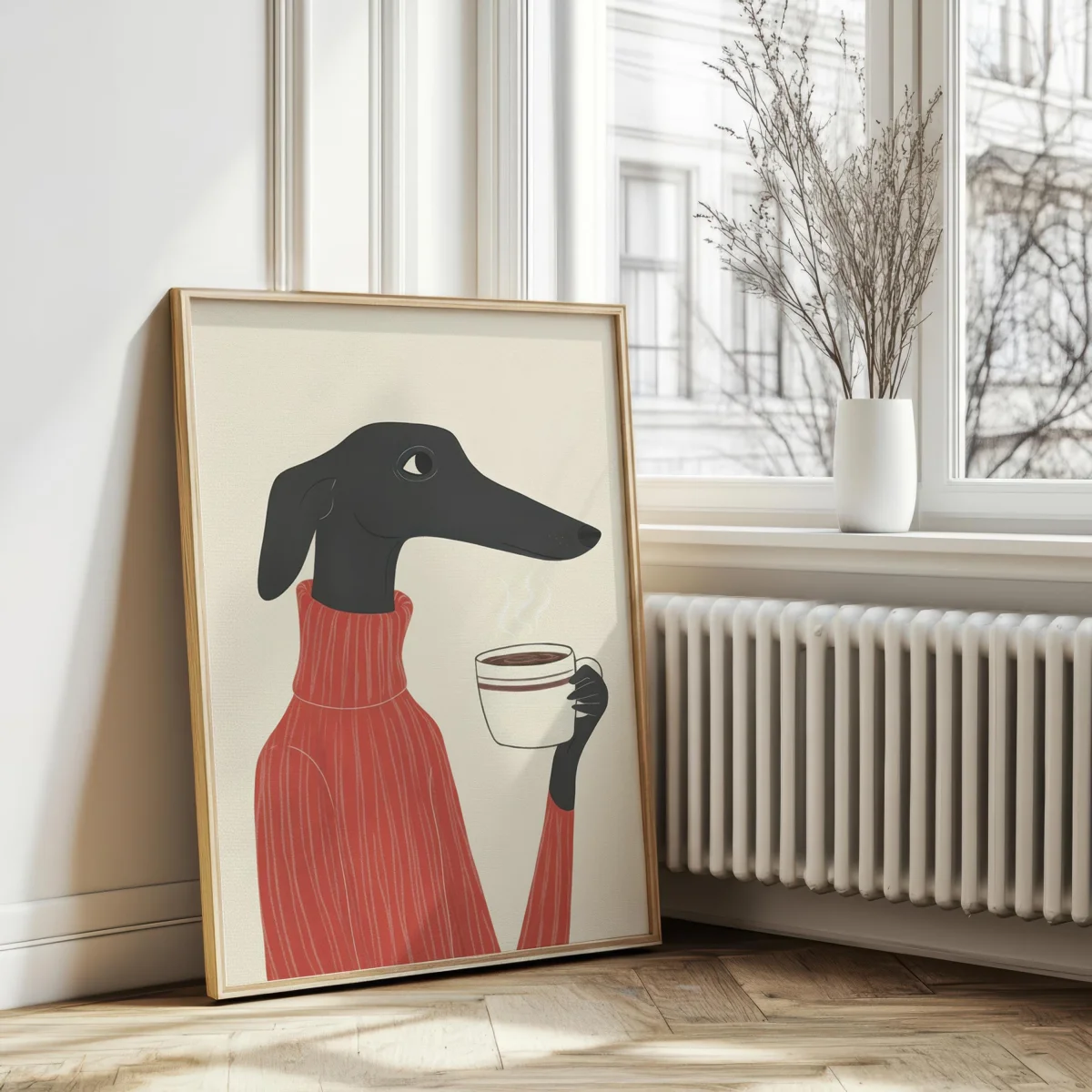 1pc frameless Canvas Painting Whimsical Greyhound Coffee Canvas Prints Poster Funny Cute Dog in Sweater Art Prints Nursery Kitch