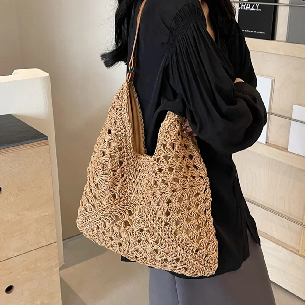 

2024 Summer Straw Knitting Bag Hollow Out Tote Bag Solid Beach Shoulder Bag Holiday Travel Handbag Boho Shoulder Purse for Women