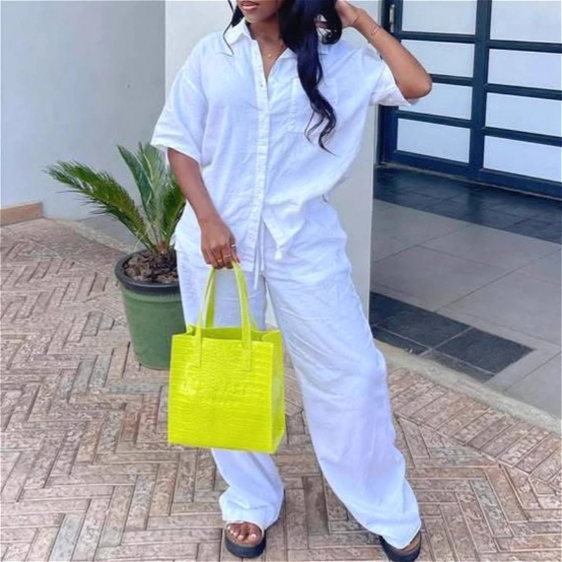 

Pant Set Women Two Piece Sets Turn Down Collar Half Sleeve Shirt Wide Leg Long Pants Lace Up Elastic Waist Y2k Streetwear 2026