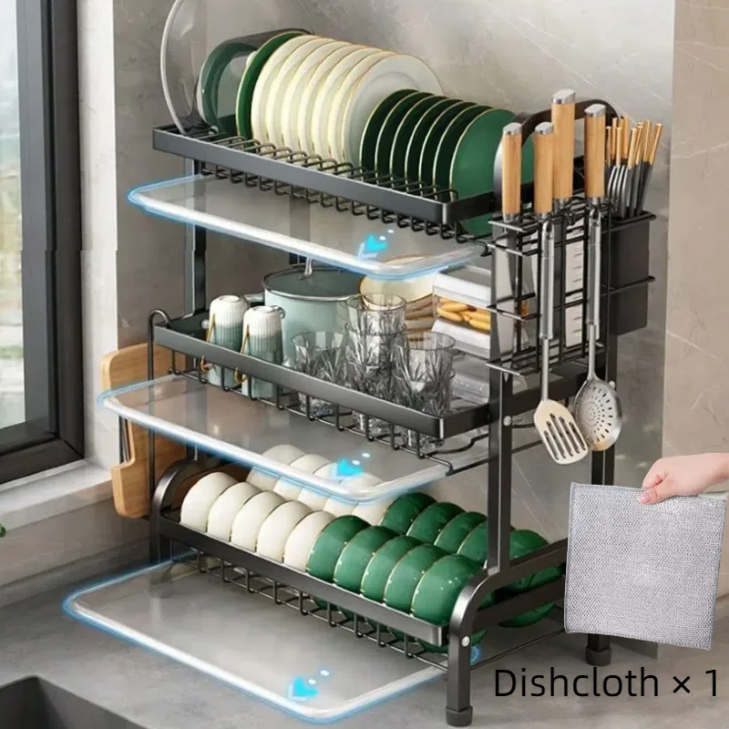 

Dish Drying Rack, 3-Tier Space-Saving Dish Rack for Kitchen Counter, Metal Kitchen Organizers and Storage Rack, Large Capacity D