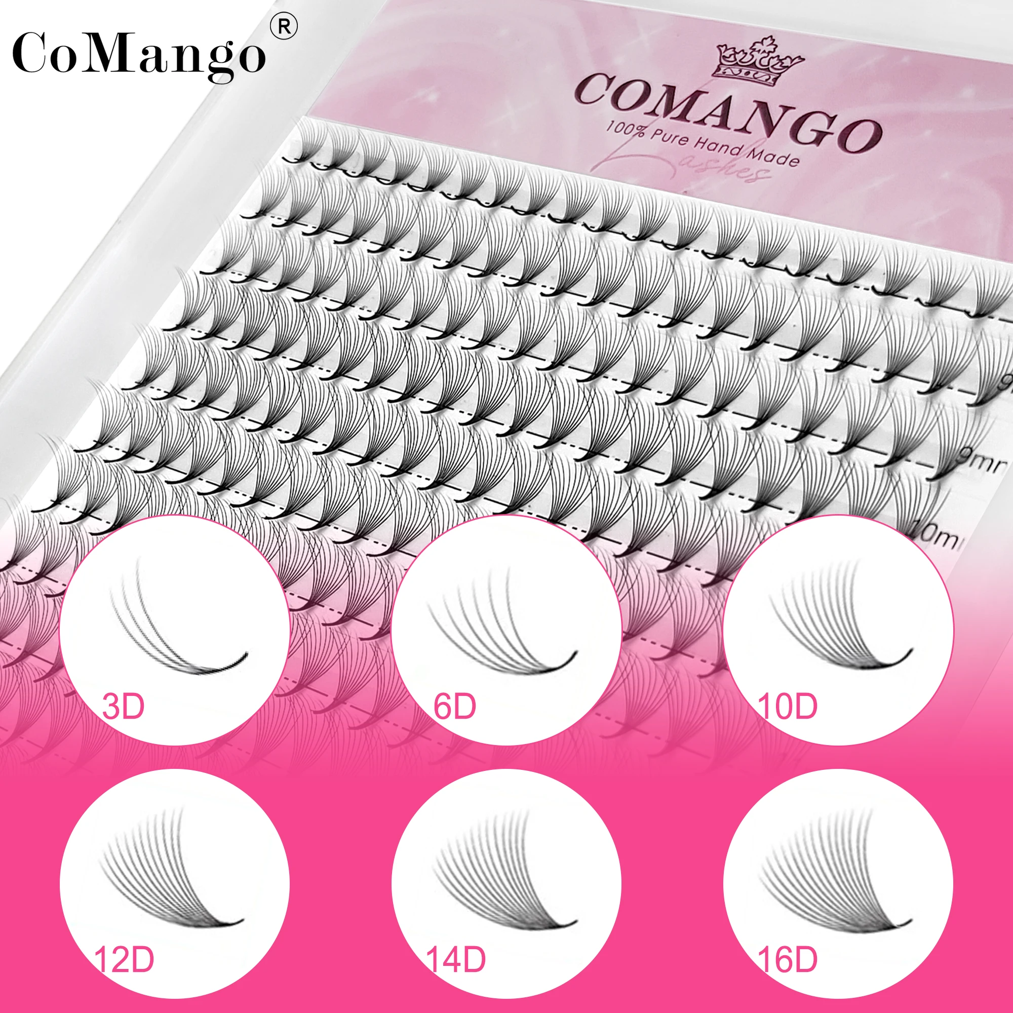 Comango-ミンクのまつげエクステ,プレハブのボリュームファン,先のとがったベース,輸入素材,pbt,120, 300,3d,6d,10d,12d,14d,16d