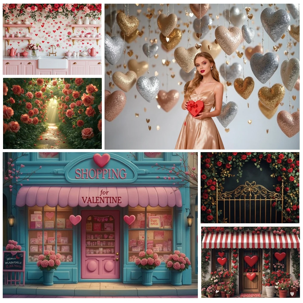 

MOON.QG Sparkle Heart Valentine's Day Backdrop Glitter Heart String Lights Brick Wall Photography Background Couple Photobooth