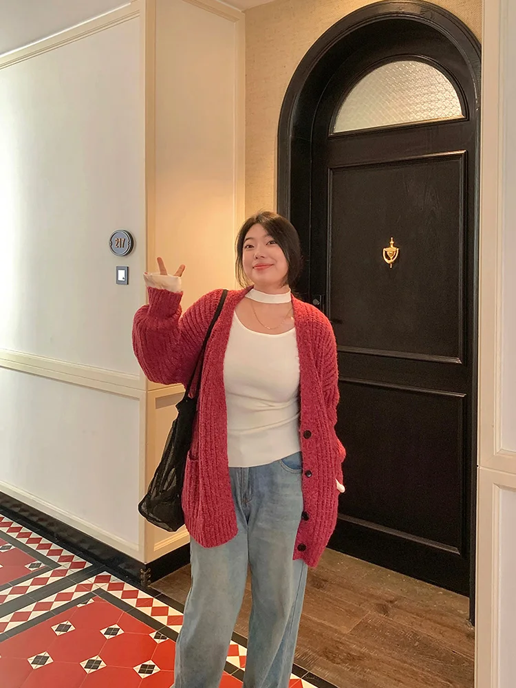 

Новый женский вязаный кардиган Lin Da Hui Little Fraance, розовый, с длинными рукавами, круглым вырезом, повседневная верхняя одежда для зимы...