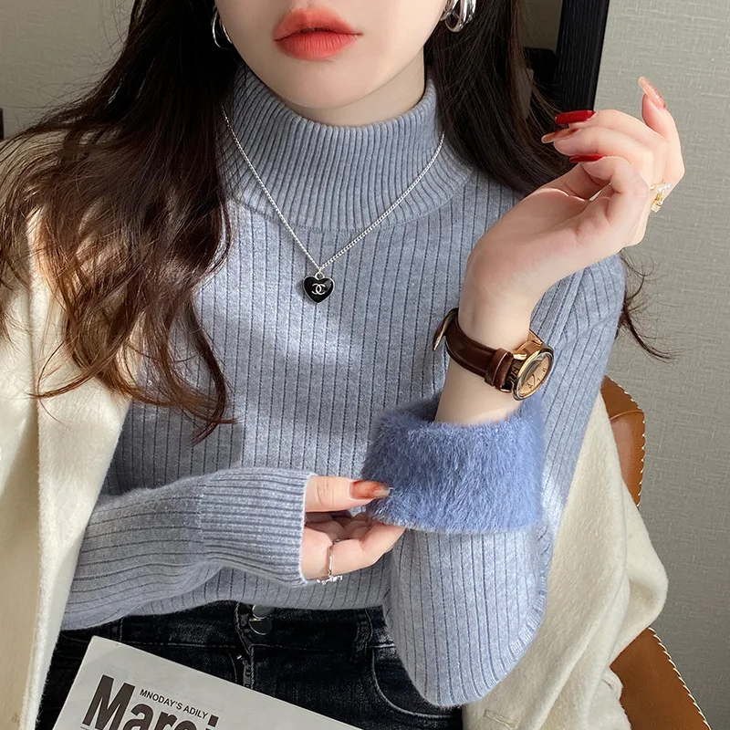 

Women Turtleneck Sweater Winter Vintage Harajuku Velvet Lining Thick Warm Knitted Bottoming Shirt Casual Slim Pullover Tops