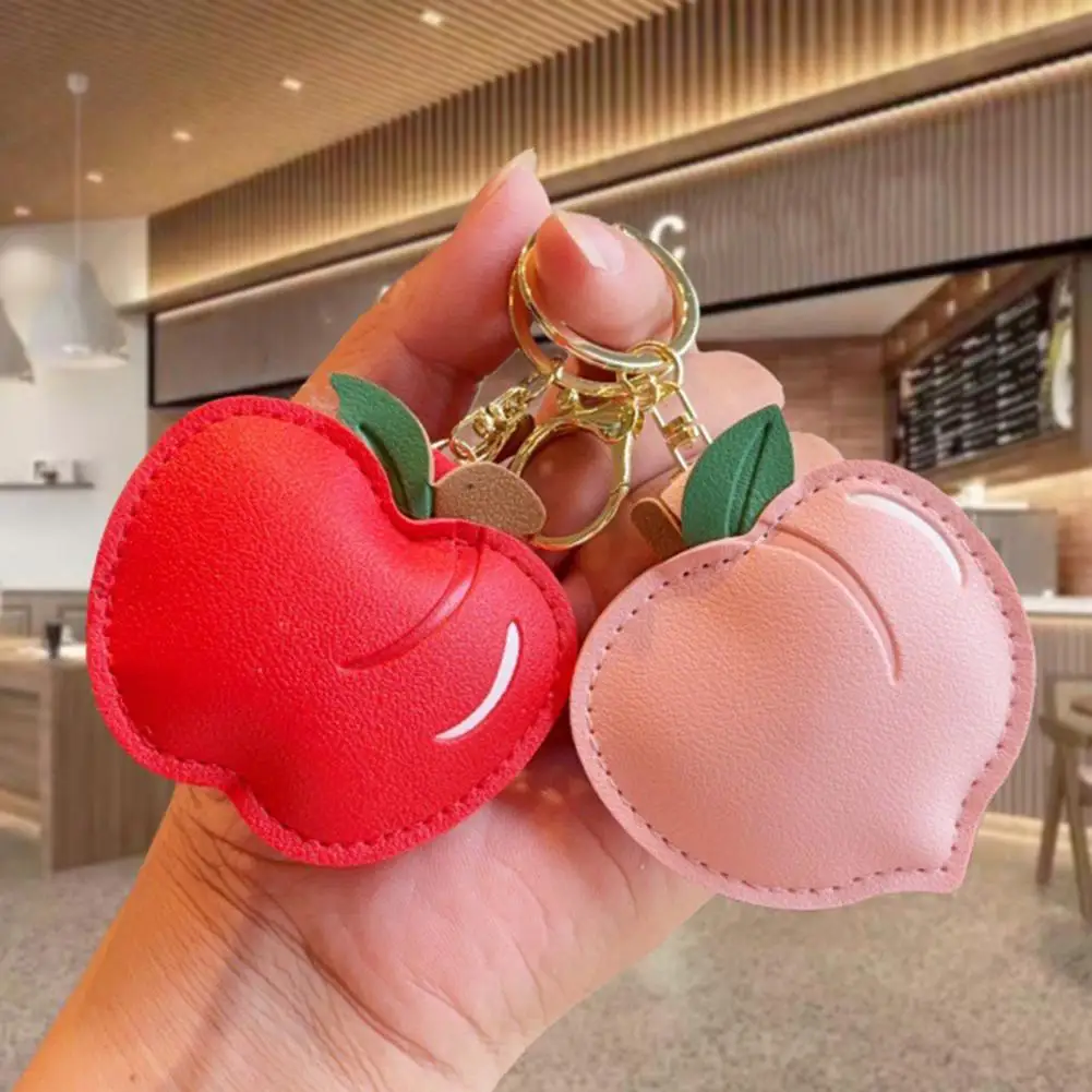 Keychain Pendant Peach-Shaped Card Holder Faux Leather Access Card Case Simulated Fruit Keychain Valentine Day Accessory