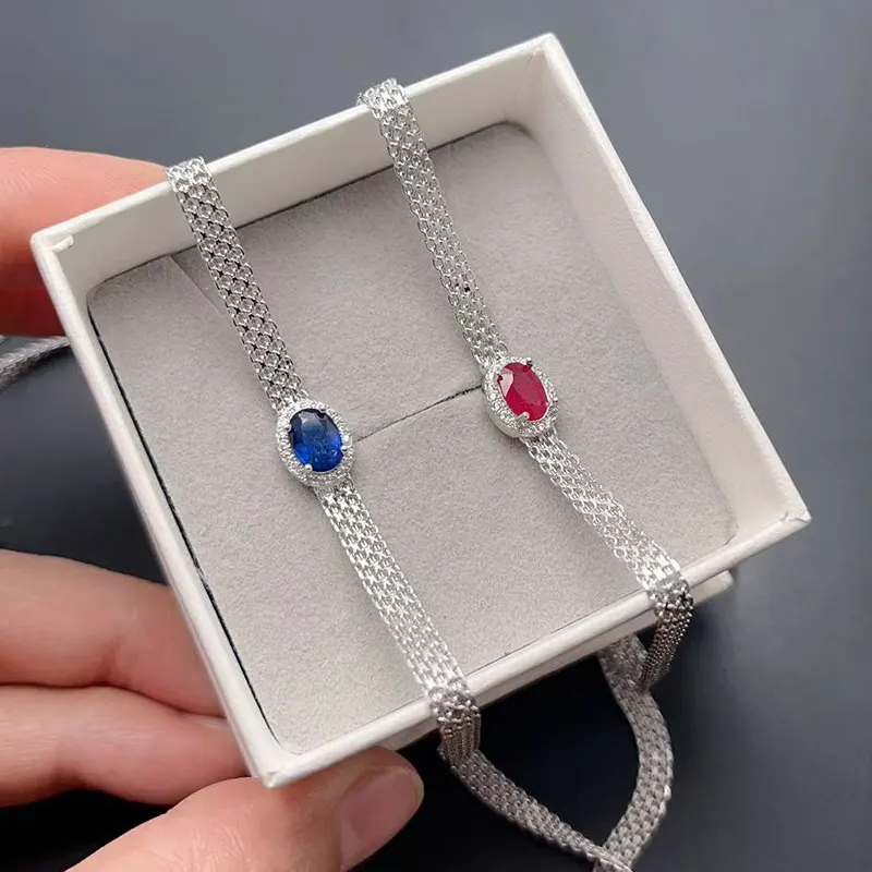 Clavicle chain Pendant 5mm*7mm Natural Ruby and Sapphire  Necklace Pendant 925 Silver Jewelry with Certificate 18K Gold Plating