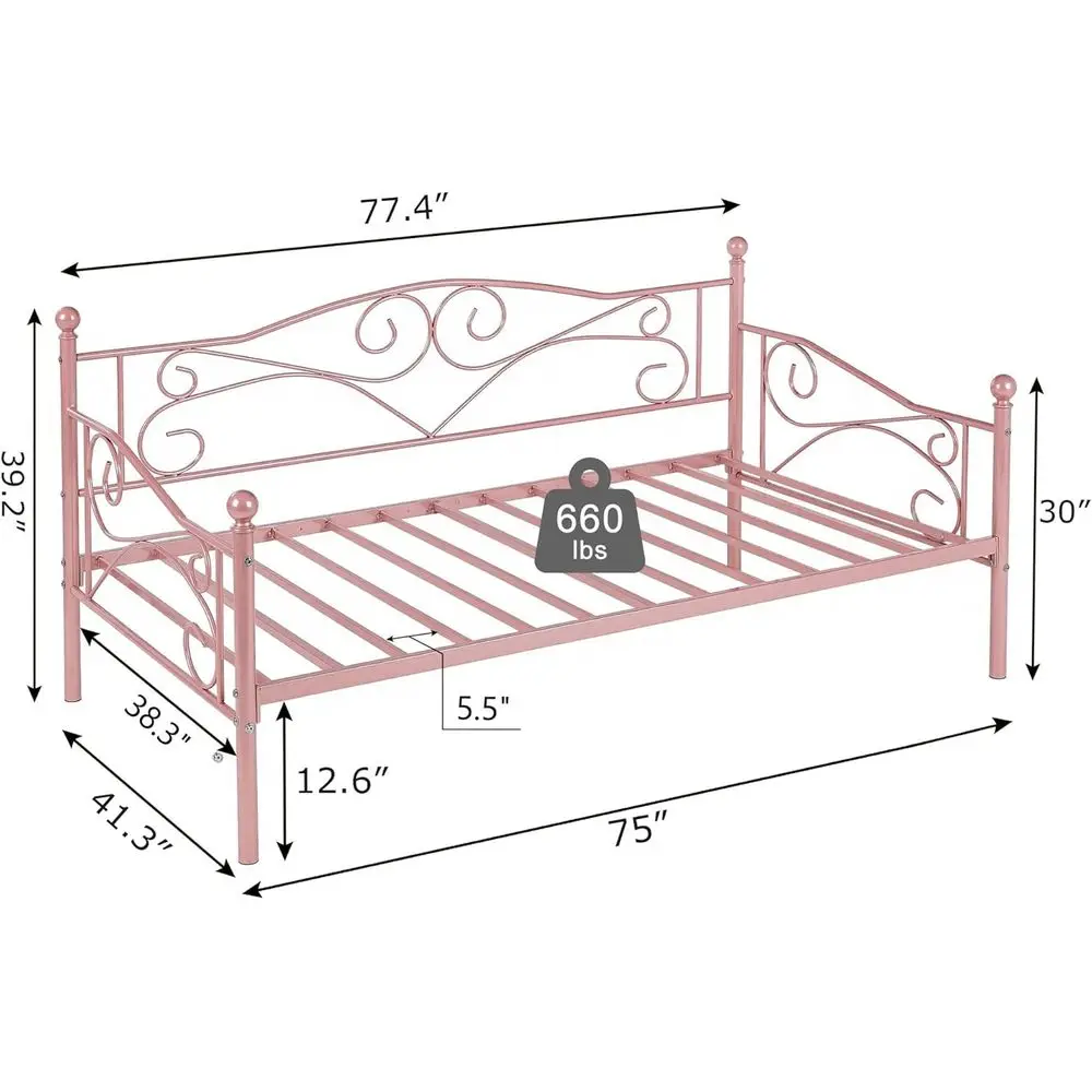 Twin Size Daybed with Metal Frame, Slat Support, Easy Assembly, Pink