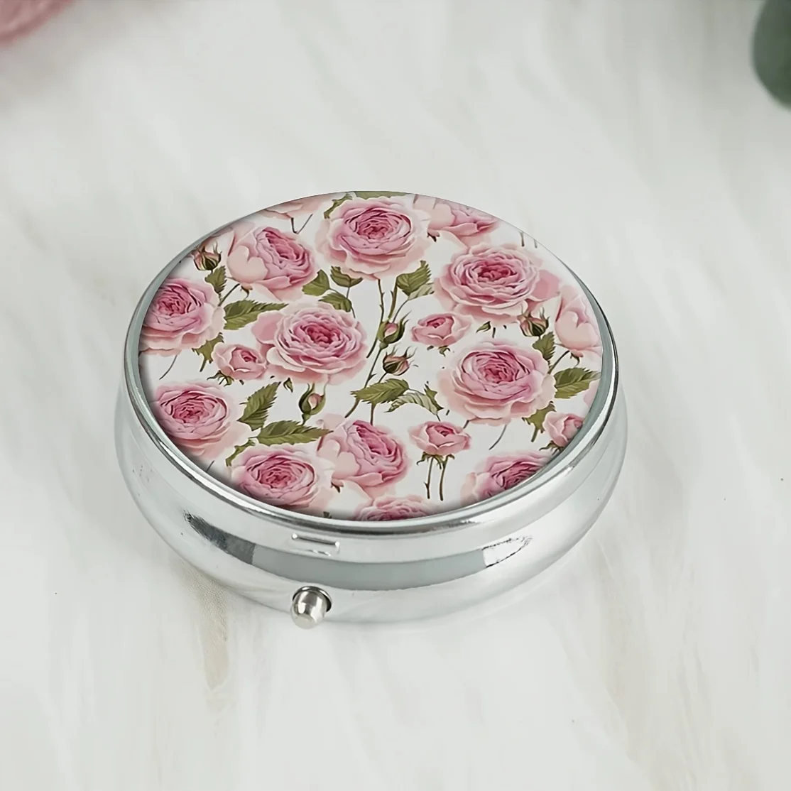 Round Pill Case with 3 Compartments - Portable Medicine Storage Organizer,Metal Pill Box with Floral Rose Design,Travel-Friendly