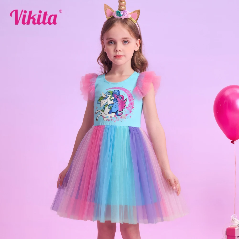 

VIKITA Girls Licorne Star Print Dress Kids Summer Flare Sleeve Blue Dresses Kids Birthday Party Fashion Princess Elegant Dresses
