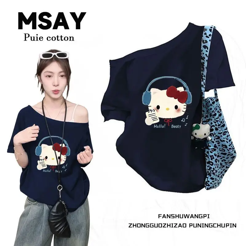 

Футболка Hello Kitty в стиле Lazy Style с асимметричным вырезом на плече, хлопковая, с коротким рукавом, для девочек, стильная, скрывающая недостатки фигуры, с милым принтом