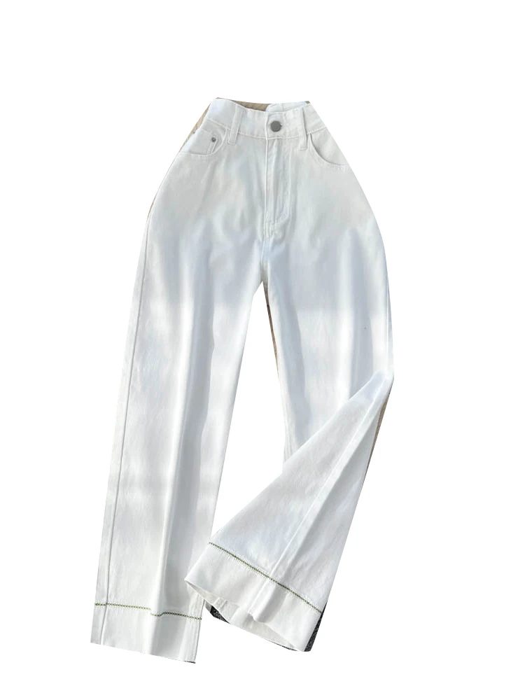 High Waist Wide Leg Straight Cut Jeans Women's Faion Korean Sle White Denim Pants Design Sensation Sewing Line Autumn New