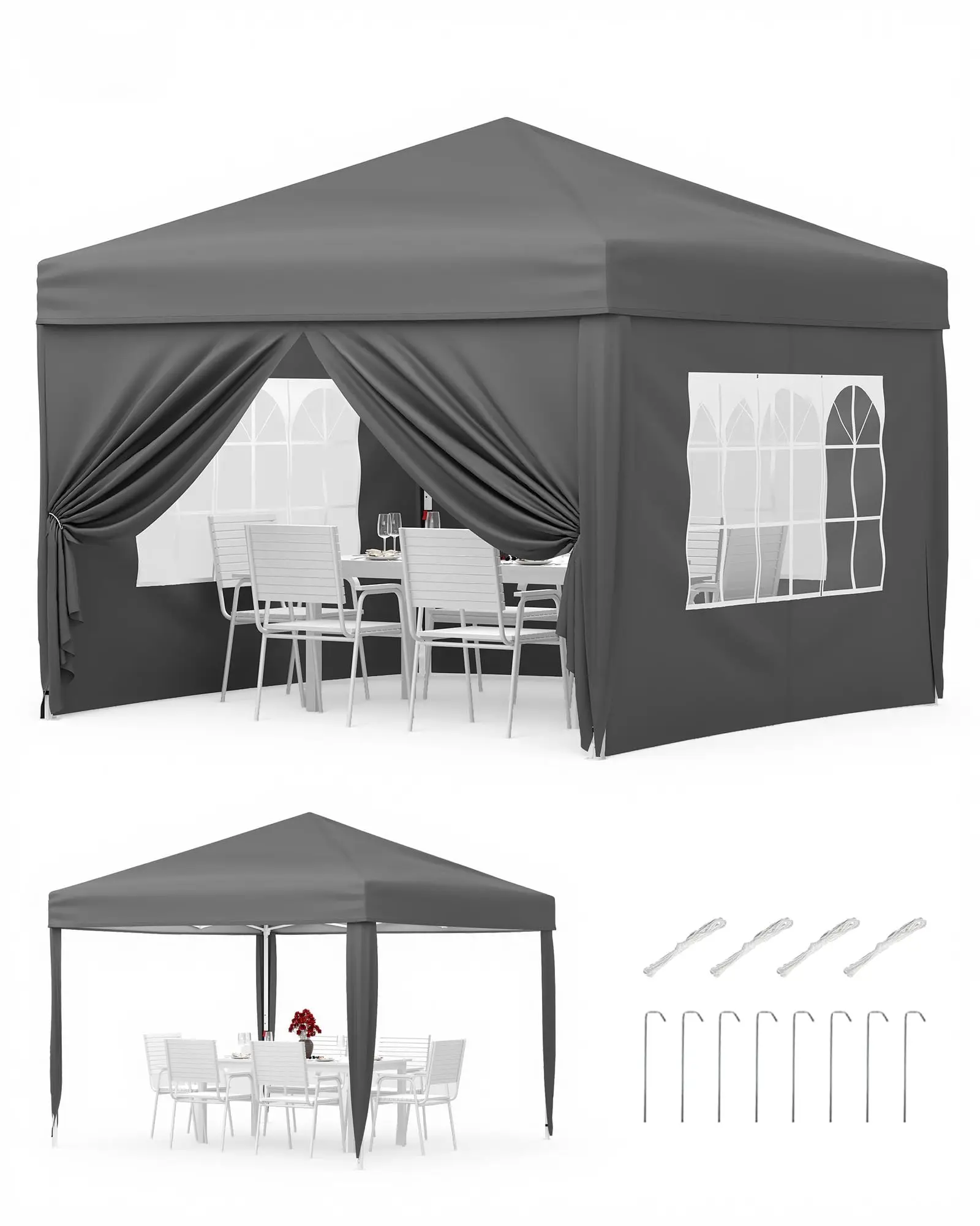 Tenda a baldacchino pop-up da 3 m x 3 m con 4 pareti laterali, tenda commerciale portatile istantanea con 4 picchetti, 4 corde, 4 sacchi di sabbia