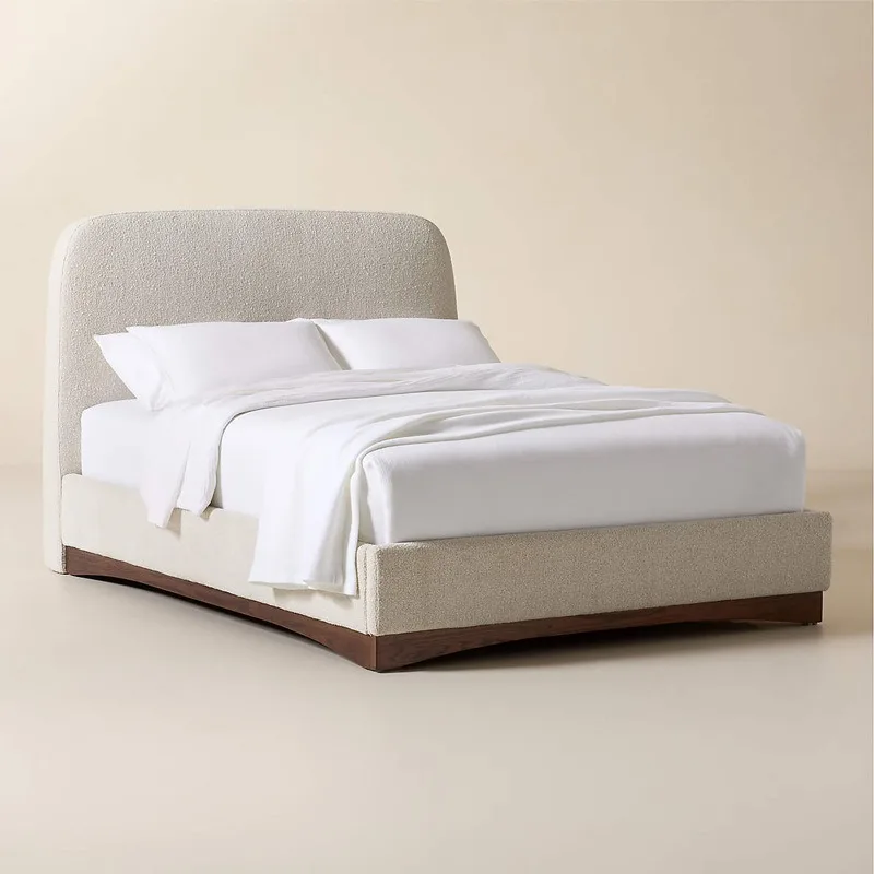 

Retro lamb wool solid wood bed French cream wind fabric soft bag bed Small apartment master bedroom high back bed
