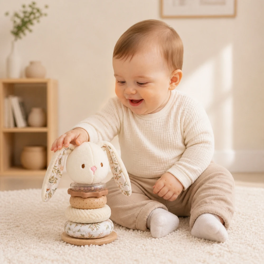 Montessori Baby Stacking Rings Toy Cotton Bunny Silicone Teether Wooden Ring Rattle Rainstick Sound Sensory Toys Gift for 0-12 M