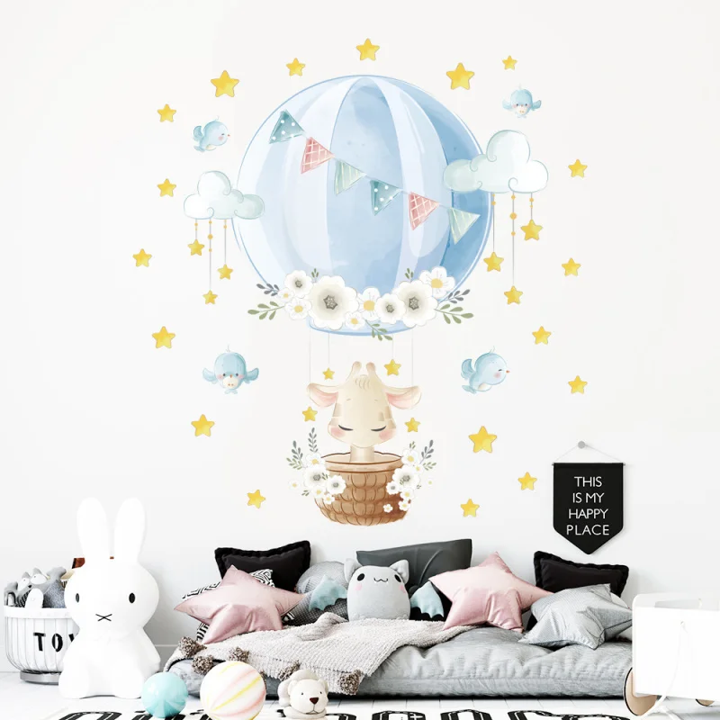 

Cartoon Animal Hot Air Balloon Kindergarten Wall Art, Semi-Transparent Removable Sticker for Kids Baby Room