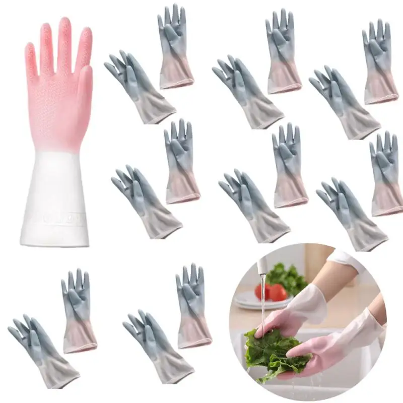 Two-color Gloves Dishwashing Gloves Women's Kitchen Rubber Latex Laundry Waterproof Plastic Rubber Cleaning Tools Kitchen